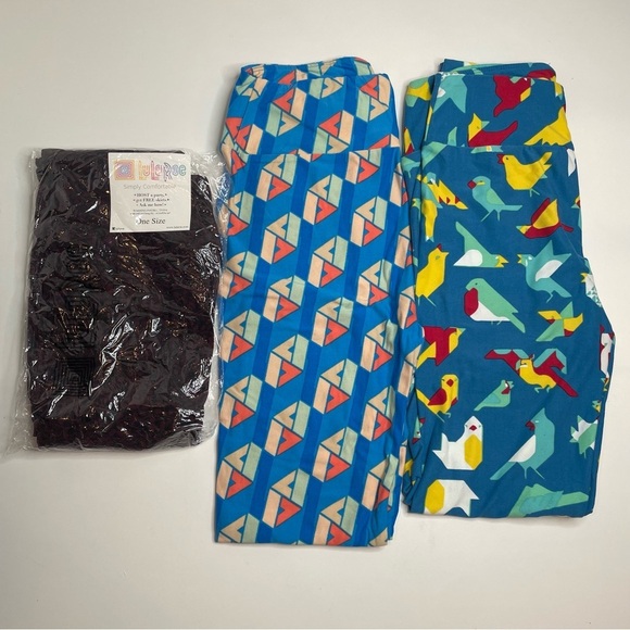 LuLaRoe Leggings OS One Size Set of 3 Blue Birds Purple Black Vine Geometric - Picture 1 of 7